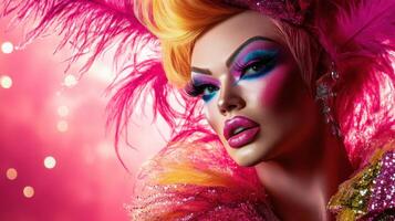 A woman with bright makeup and feathers photo