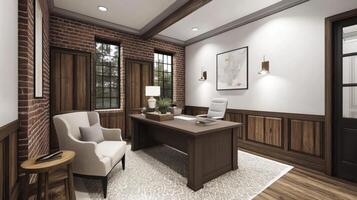 A home office with a desk and chair photo