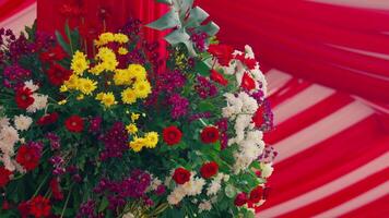 A vibrant floral arrangement featuring red, yellow, white, and purple flowers, set against a backdrop of red drapery. The flowers are lush and colorful, creating a festive atmosphere. video