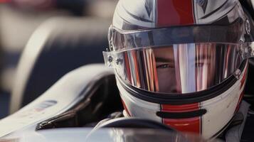 A man in a racing car with his helmet on photo
