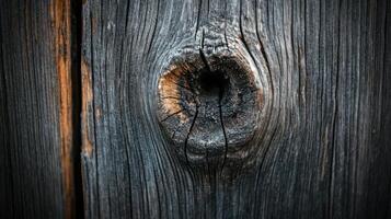 Closeup of Weathered Wood Knot Detail Rustic Texture Dark Grey Brown Aged Timber Plank Background photo