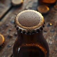 Closeup of a Condensation-Covered Beer Bottle Cap on Wooden Surface photo