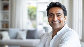 Portrait of a Smiling Middle-Aged Man in a Modern Home Setting, Happy and Content Expression photo