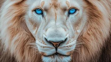 Majestic White Lion with Striking Blue Eyes Close Up Portrait Photography photo