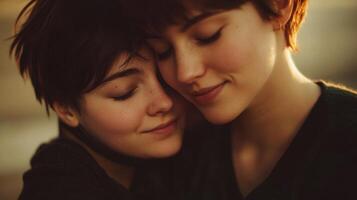 Two young women are hugging each other photo