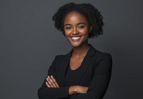 Confident African American Businesswoman Portrait Studio Shot against a Dark Gray Background photo
