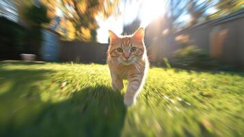 Ginger Cat Running in Sunny Backyard Blurred Motion Speed photo