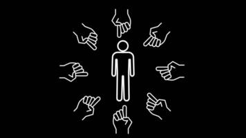 A central figure is surrounded by multiple pointing hands, emphasizing the theme of judgment, accusation, and societal pressure in a symbolic way video