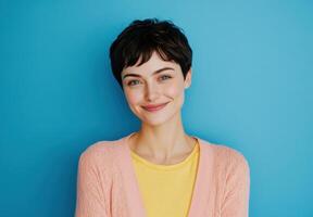 Portrait of a Smiling Woman with Short Hair Against a Blue Background A Captivating Image of Feminine Beauty and Joyful Expression photo