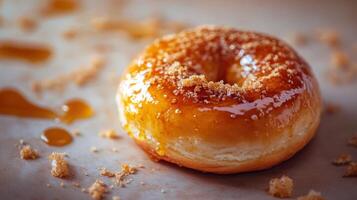 Delicious Glazed Donut with Caramel Drizzle and Crumble Topping A Close Up Shot of Sweet Treat photo