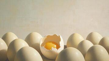 A Single Broken Ostrich Egg Revealing its Golden Yolk Among a Collection of Intact Eggs photo