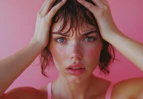 A Woman's Portrait Against a Pink Background, Hands on Head, Showing Frustration and Stress photo