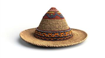 A Strikingly Detailed Handcrafted Woven Straw Hat with Vibrant Ethnic Embroidery and Unique Conical Crown photo