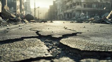 A street with cracks in it and rubble in the background photo