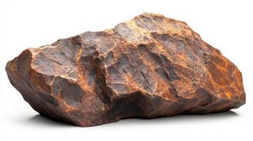 A Detailed Close-Up View of a Rough, Brown, and Rugged Rock Isolated on White Background photo