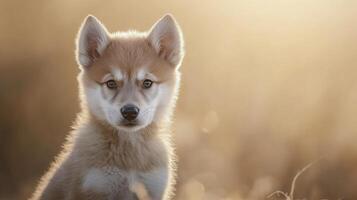 Adorable Husky Puppy Portrait in Golden Sunset Light A Captivating Image of a Young Canine photo
