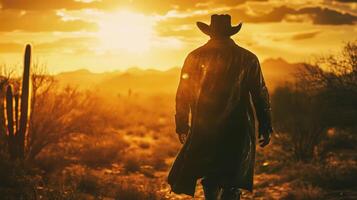 A man in a cowboy hat and coat walking in the desert photo