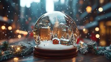 Enchanting Winter Cityscape Inside a Snow Globe Festive Holiday Decoration photo