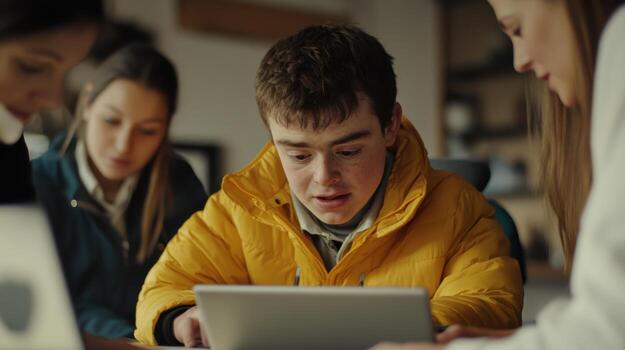 Teenager with Down Syndrome Focuses on Tablet, Supported by Peers in Collaborative Learning photo