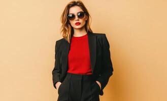 Stylish Woman in Black Blazer and Red Top Against Beige Background photo