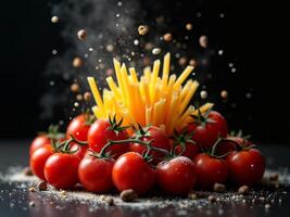 Italian food pasta and tomatoes on black background photo