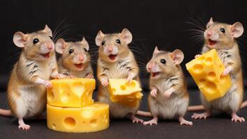 Five mice are holding cheese and eating it photo