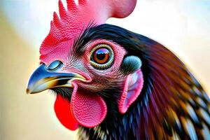A close up of a rooster with a red and black head photo