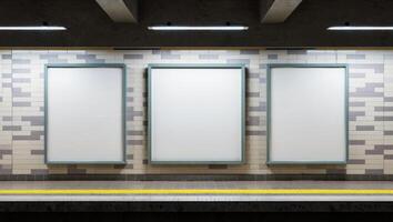 Three blank billboards in a subway station photo