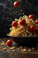 A bowl of pasta with tomatoes and cheese falling from the sky photo