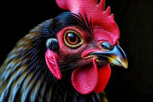 A close up of a rooster with red feathers photo