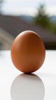 An egg sitting on a table in front of a house photo