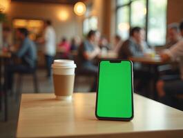 Green screen mockup on smartphone on table in cafe with coffee and people in background photo
