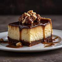 A piece of cheesecake on a plate with caramel sauce photo