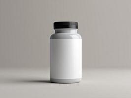 A white bottle with a black lid on a table photo