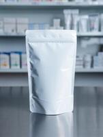 a white bag sitting on a table in front of a pharmacy photo
