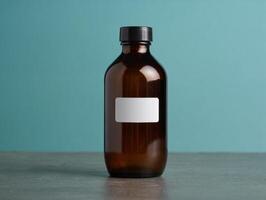 A brown glass bottle with a white label on it photo