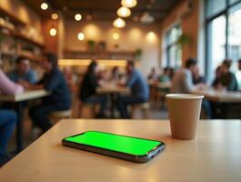 Green screen mockup on smartphone in cafe with people in background photo