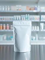 A white bag sitting on a counter in a pharmacy photo