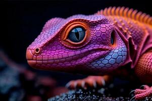 A close up of a colorful lizard with a black background photo