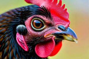 A close up of a rooster with a red head photo