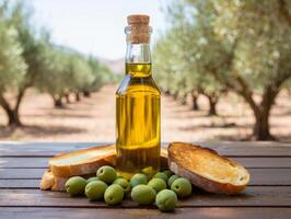 Olive oil and bread on a table in an olive grove photo