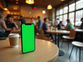 Green screen mockup on smartphone in cafe with people around photo