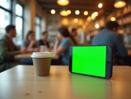 Tablet with green screen and coffee cup on table in cafe with people in background photo