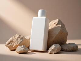 A bottle of lotion sitting on top of rocks photo