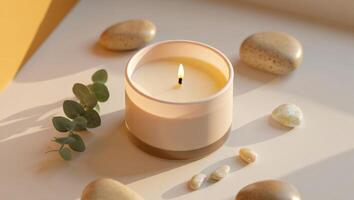 A candle and stones on a table with a green plant photo