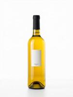 A bottle of white wine with a white label photo