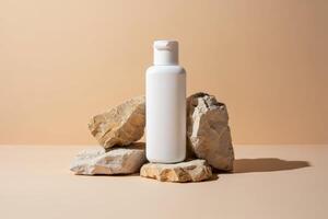 A bottle of lotion sits on top of some rocks photo