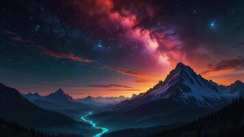 The night sky over mountains and river photo