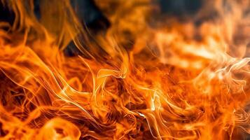 Intense closeup of bright orange flames in motion. photo