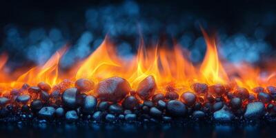 Glowing coals and bright flames on metal stones with blue background photo